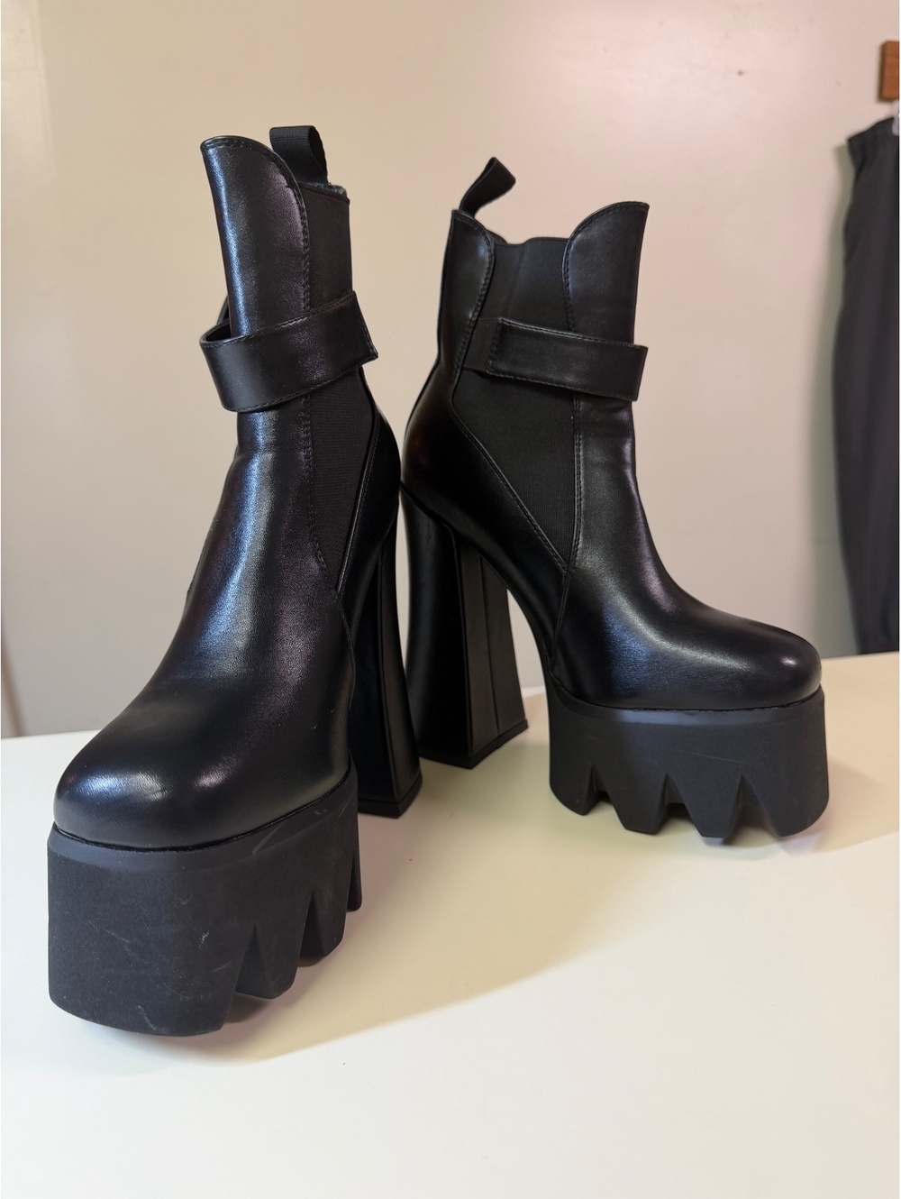 Black Platform High Heel Ankle Boots with Buckle Strap - Picture 2 of 11